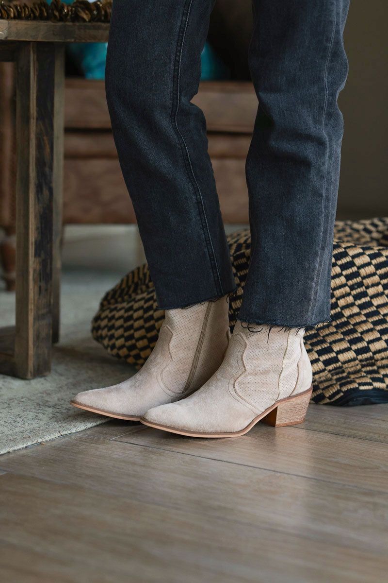 Beige Sueded Cowboy Ankle Boots