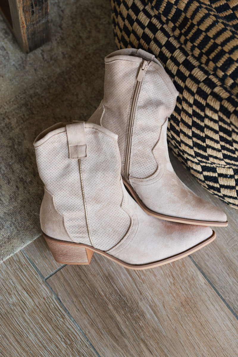 Beige Sueded Cowboy Ankle Boots