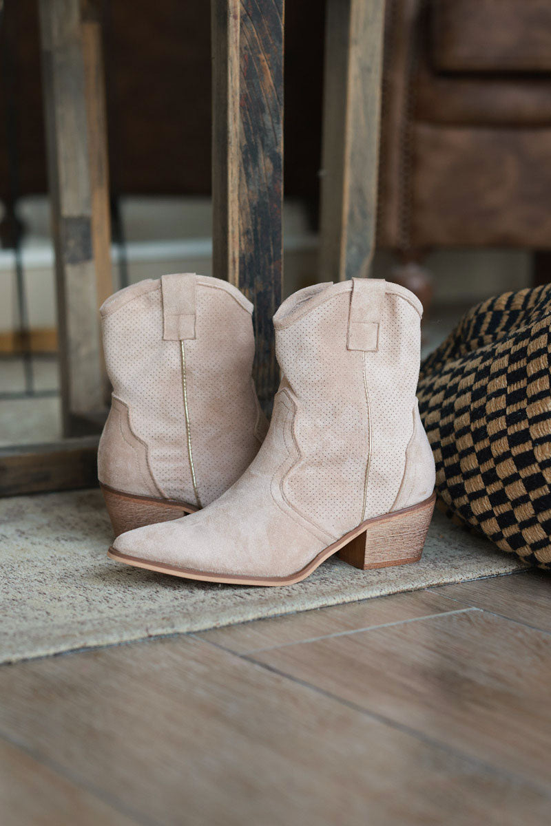 Beige Sueded Cowboy Ankle Boots