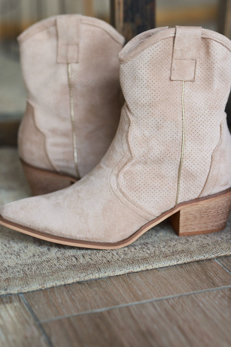 Beige Sueded Cowboy Ankle Boots