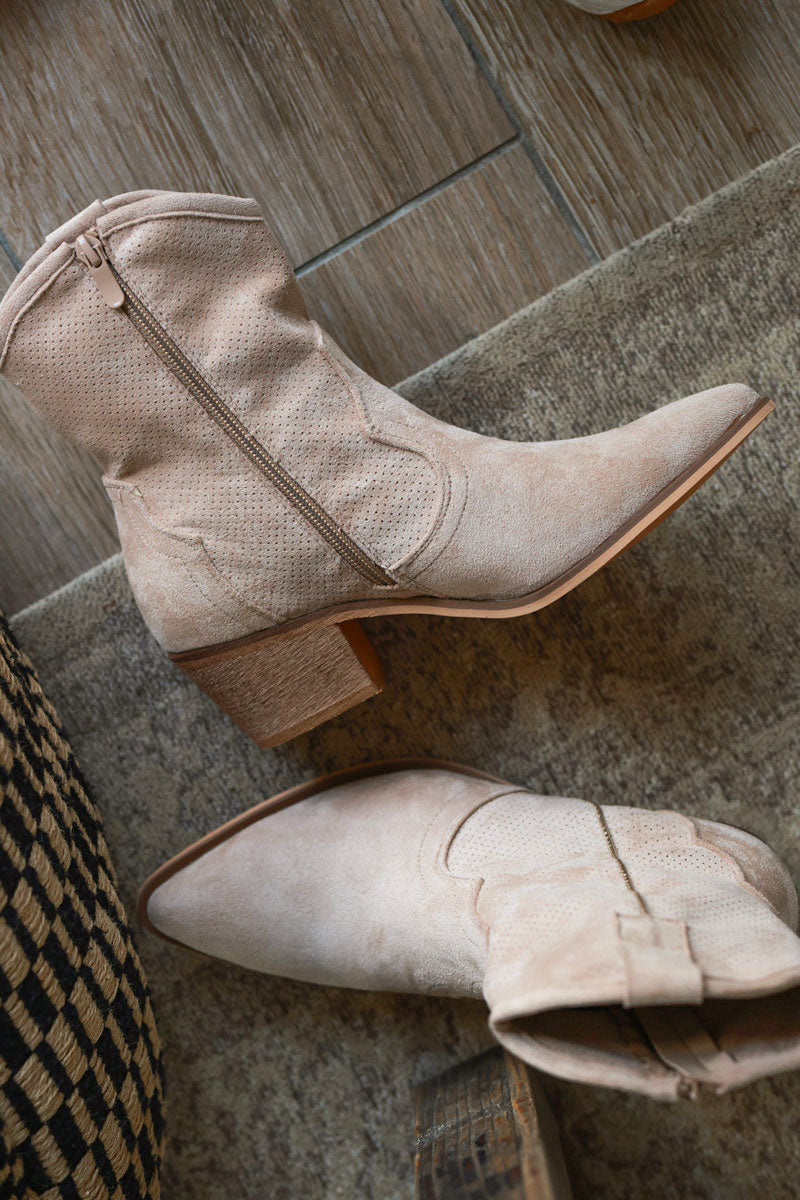 Beige Sueded Cowboy Ankle Boots