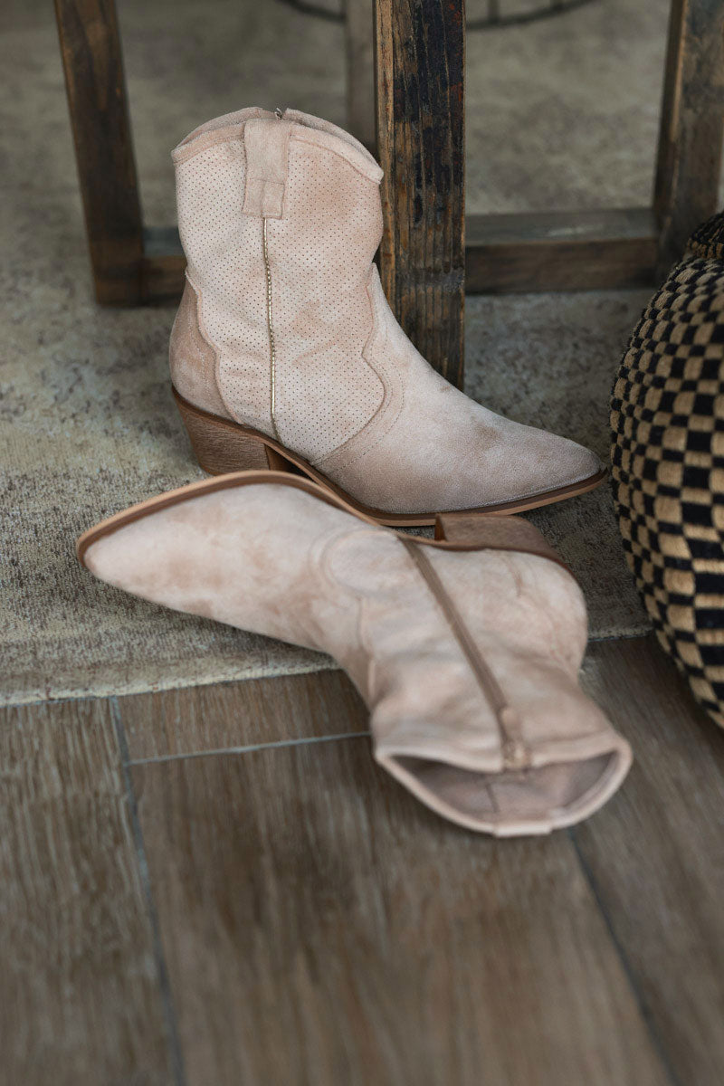 Beige Sueded Cowboy Ankle Boots