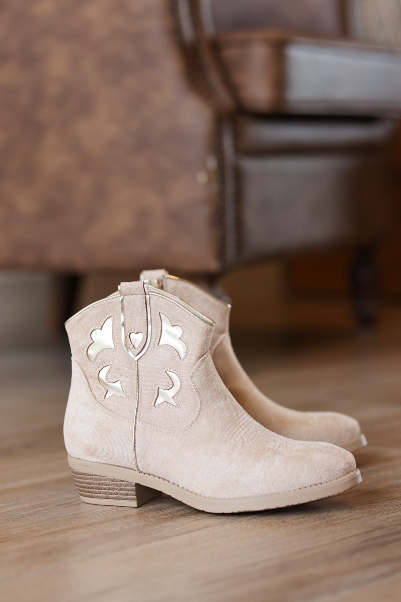 Soft suedette beige and gold cowboy ankle boots