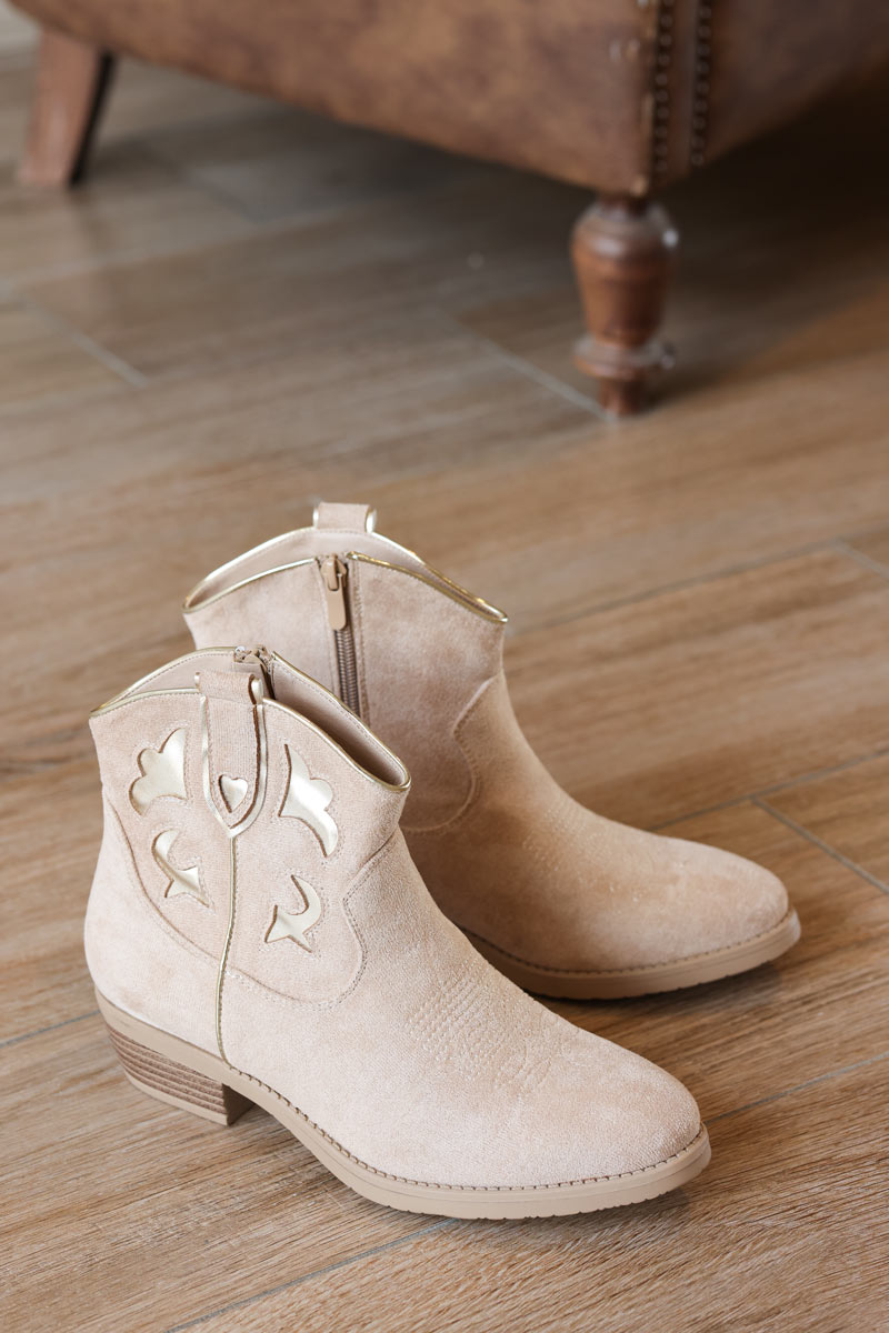 Soft suedette beige and gold cowboy ankle boots