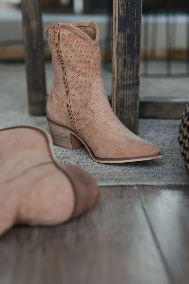 Camel Sueded Cowboy Ankle Boots