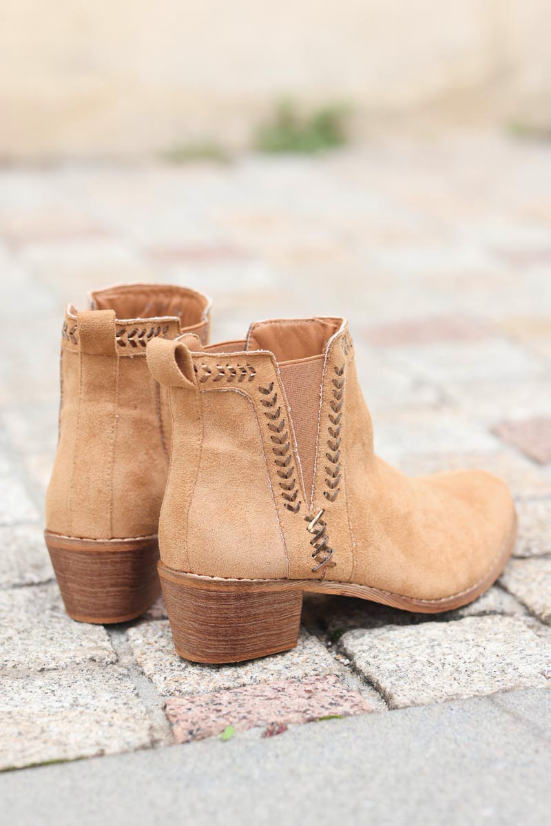 Camel ankle boots with cross stitch detail