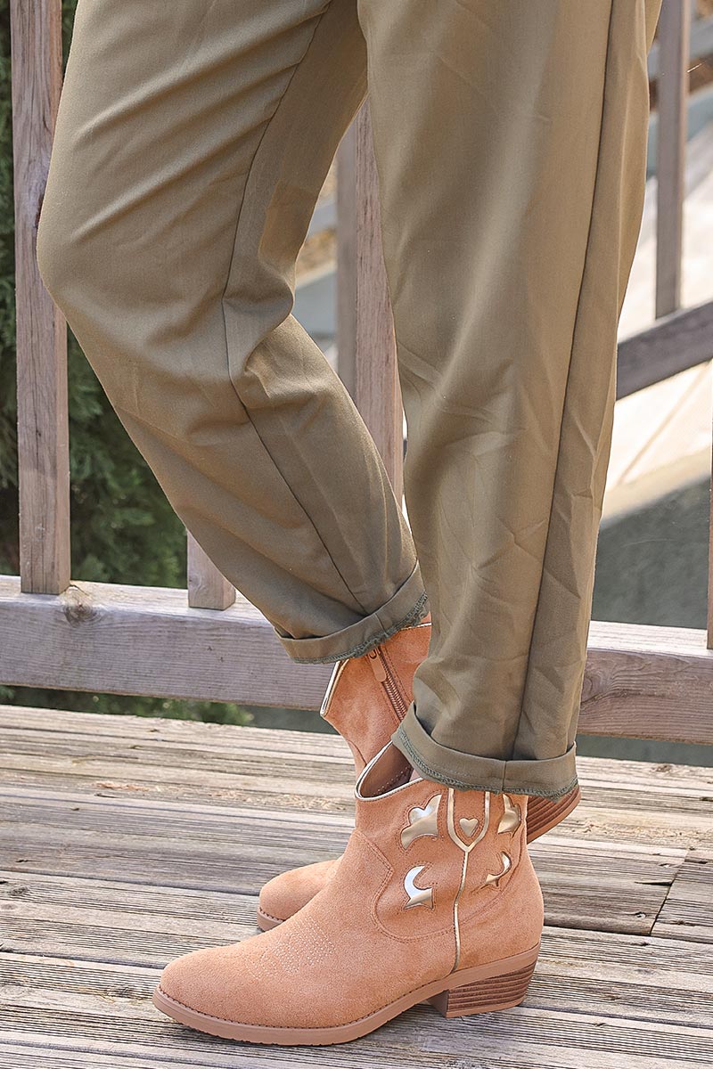 Soft suedette camel and gold cowboy ankle boots