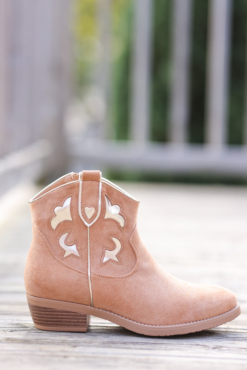 Soft suedette camel and gold cowboy ankle boots