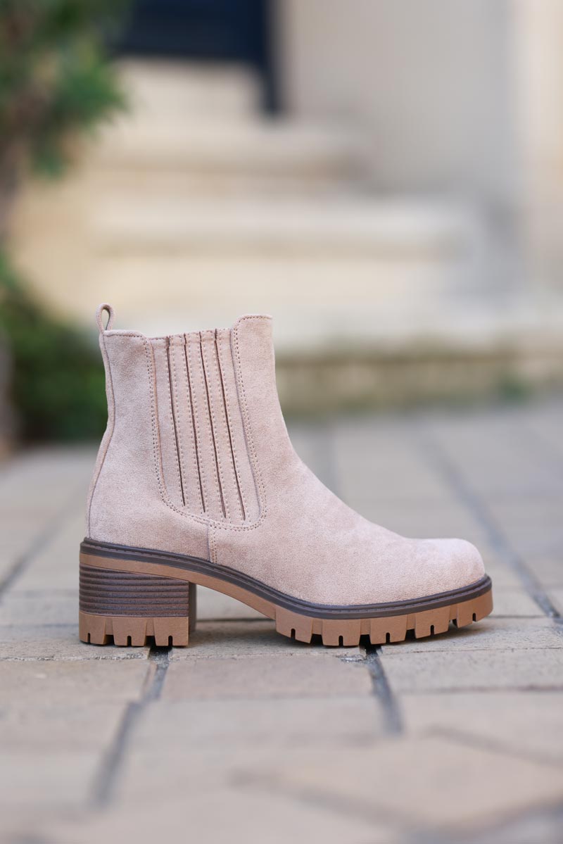 Chunky mid heel suedette chelsea boots in beige