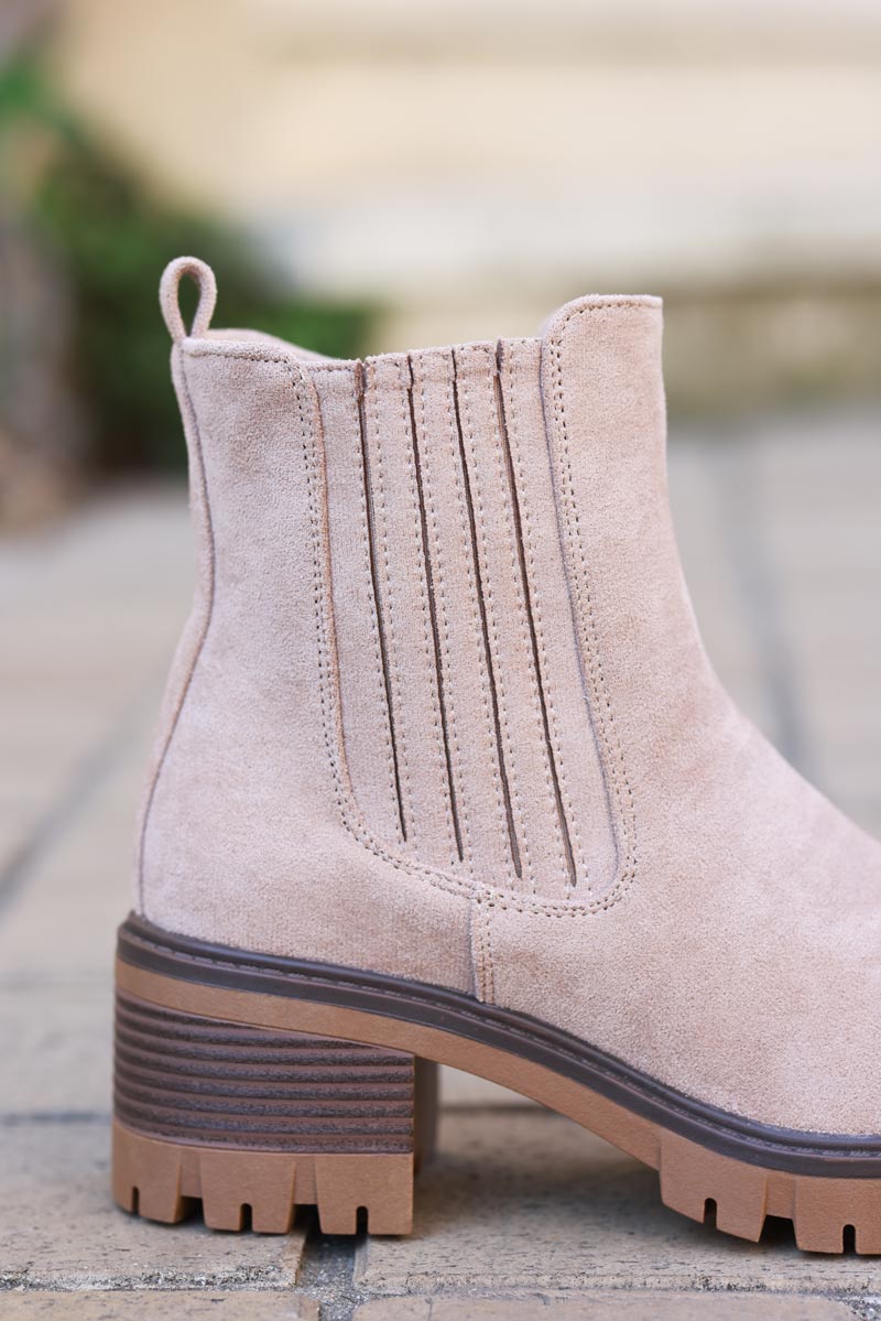 Chunky mid heel suedette chelsea boots in beige