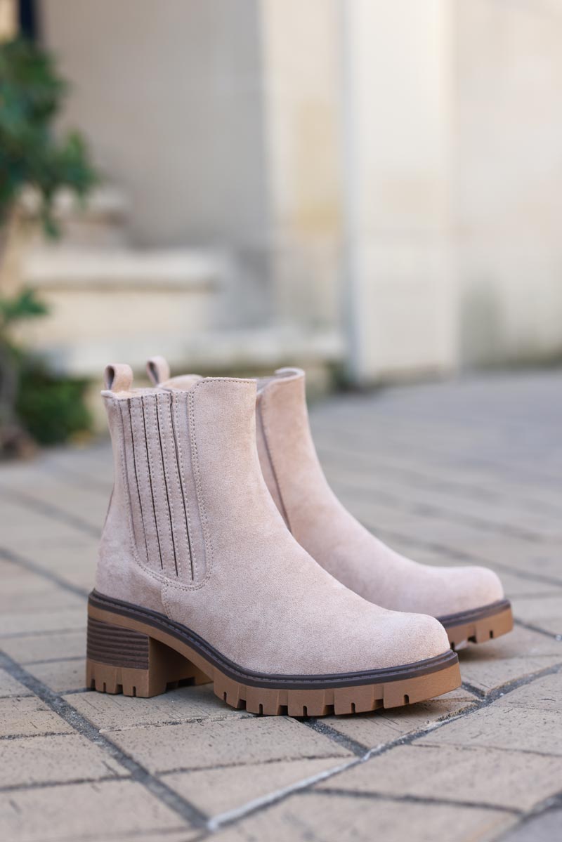 Chunky mid heel suedette chelsea boots in beige