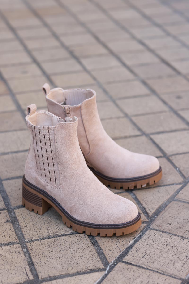 Chunky mid heel suedette chelsea boots in beige