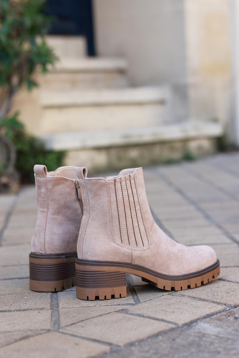 Chunky mid heel suedette chelsea boots in beige