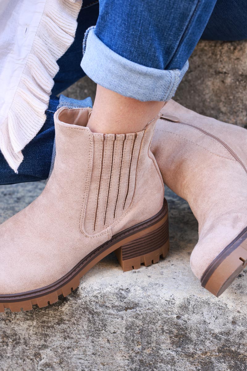 Chunky mid heel suedette chelsea boots in beige