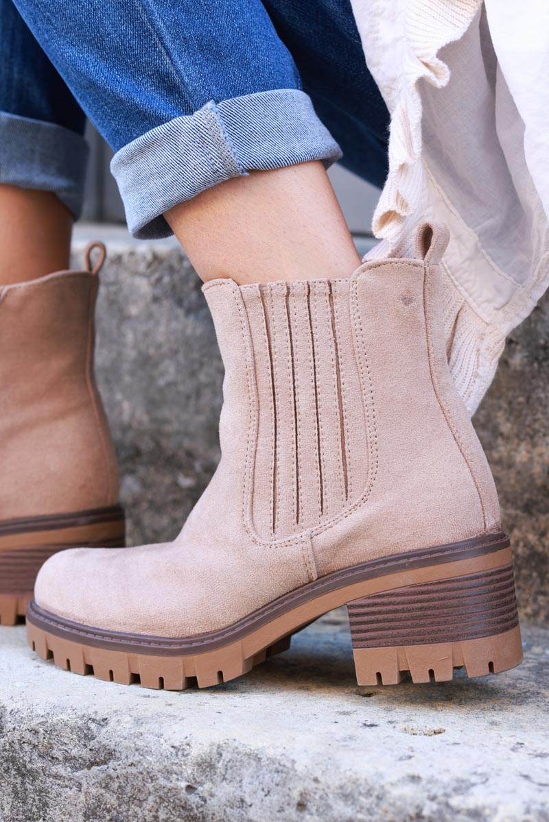 Chunky mid heel suedette chelsea boots in beige