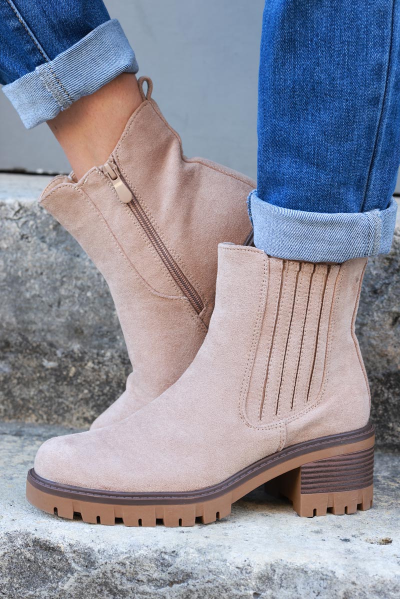 Chunky mid heel suedette chelsea boots in beige