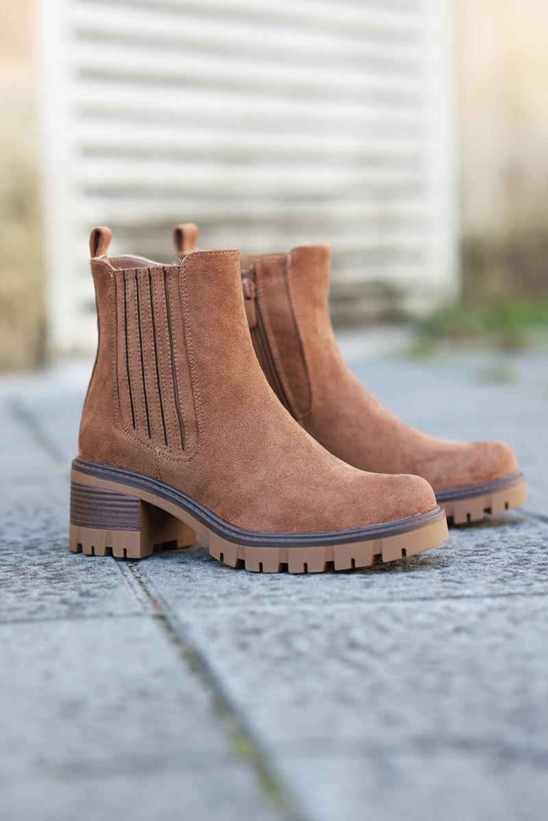 Chunky mid heel suedette chelsea boots in camel