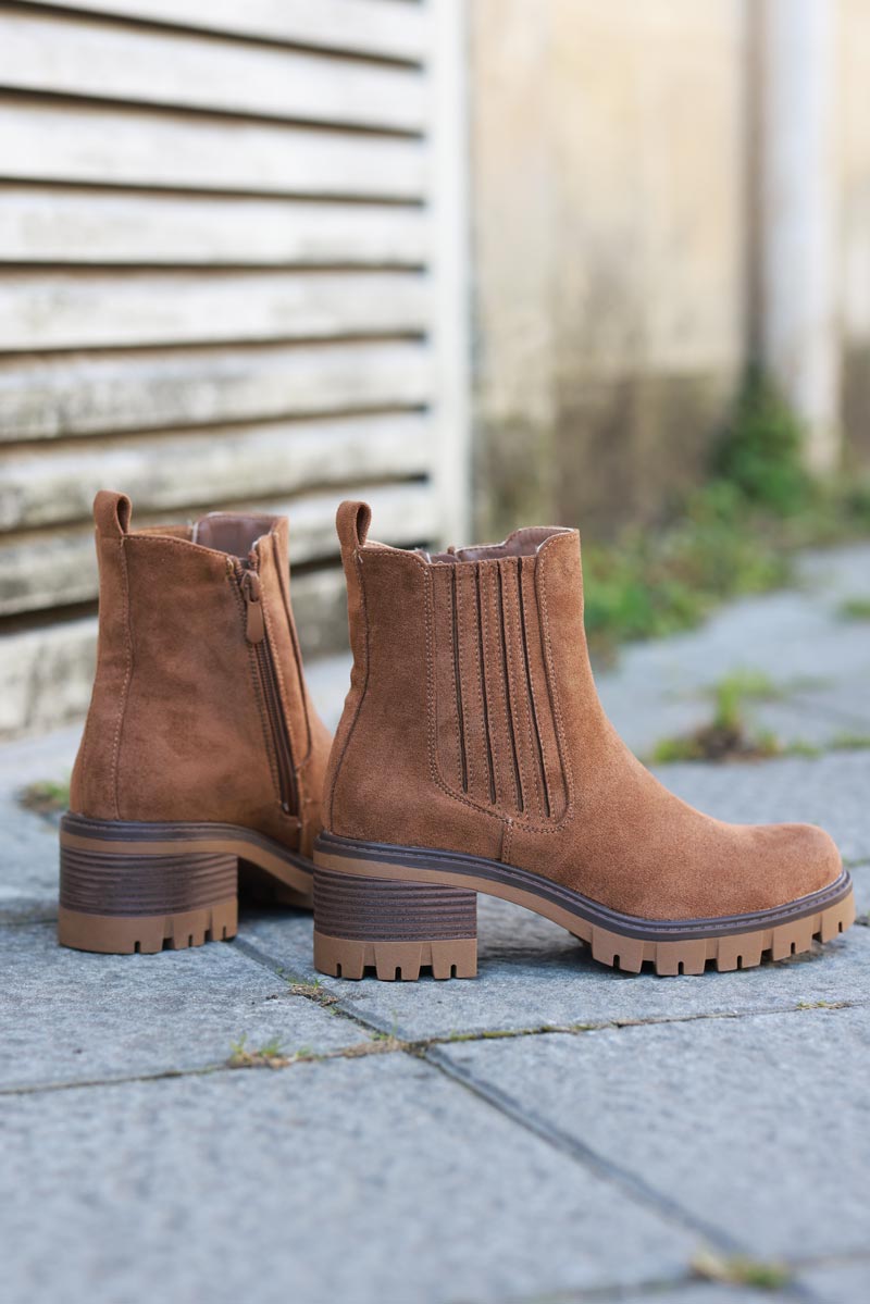 Chunky mid heel suedette chelsea boots in camel