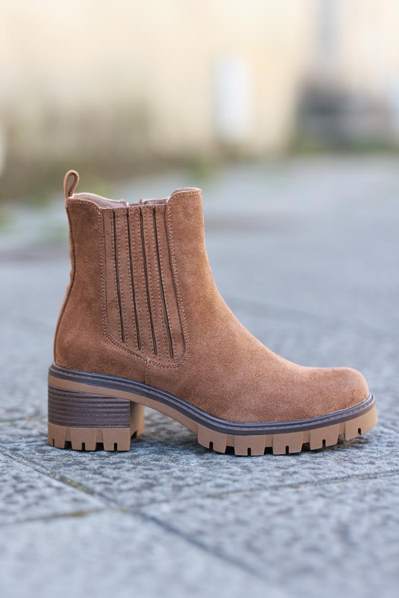 Chunky mid heel suedette chelsea boots in camel