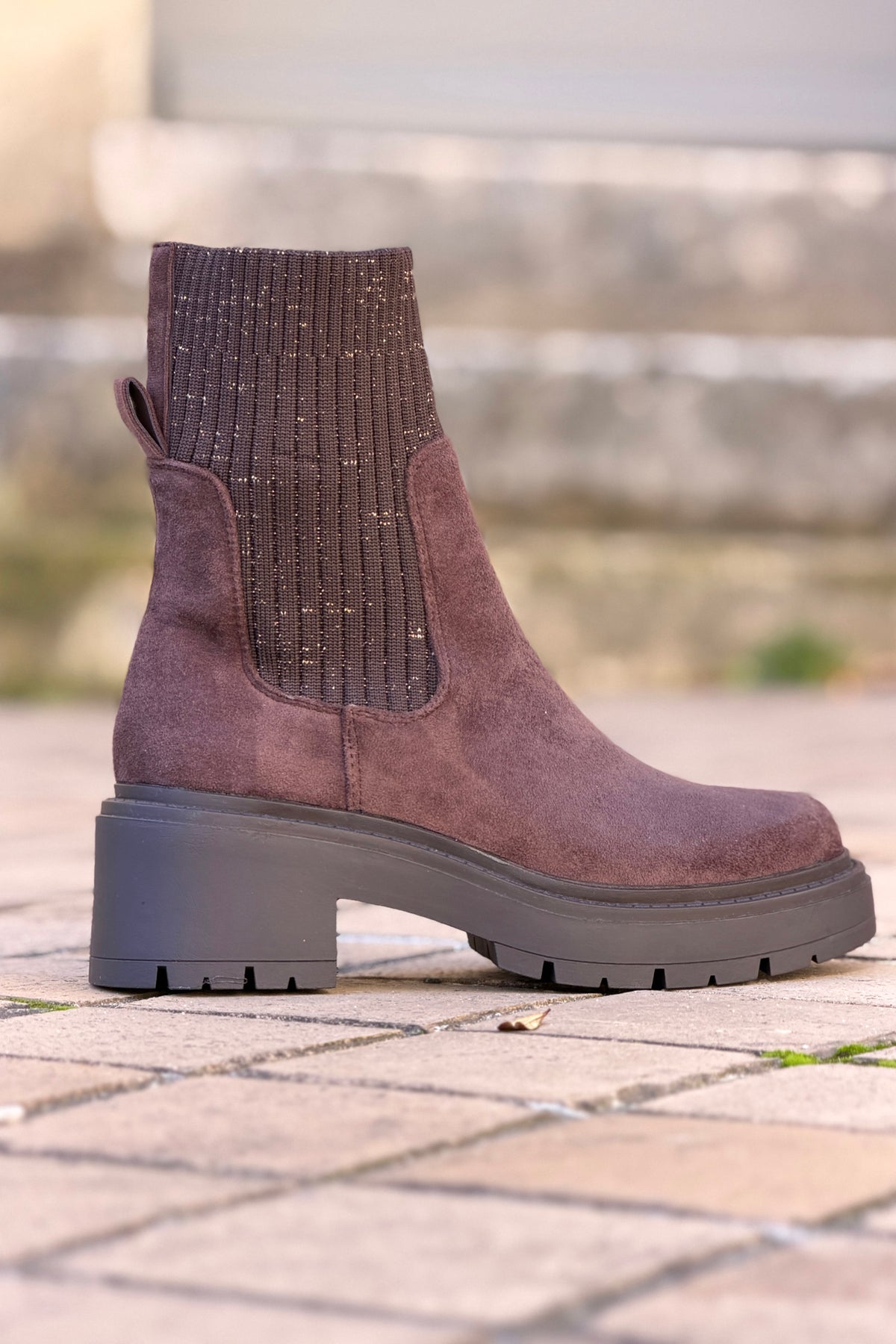 Dark Brown Suedette and Sweater Knit Boots
