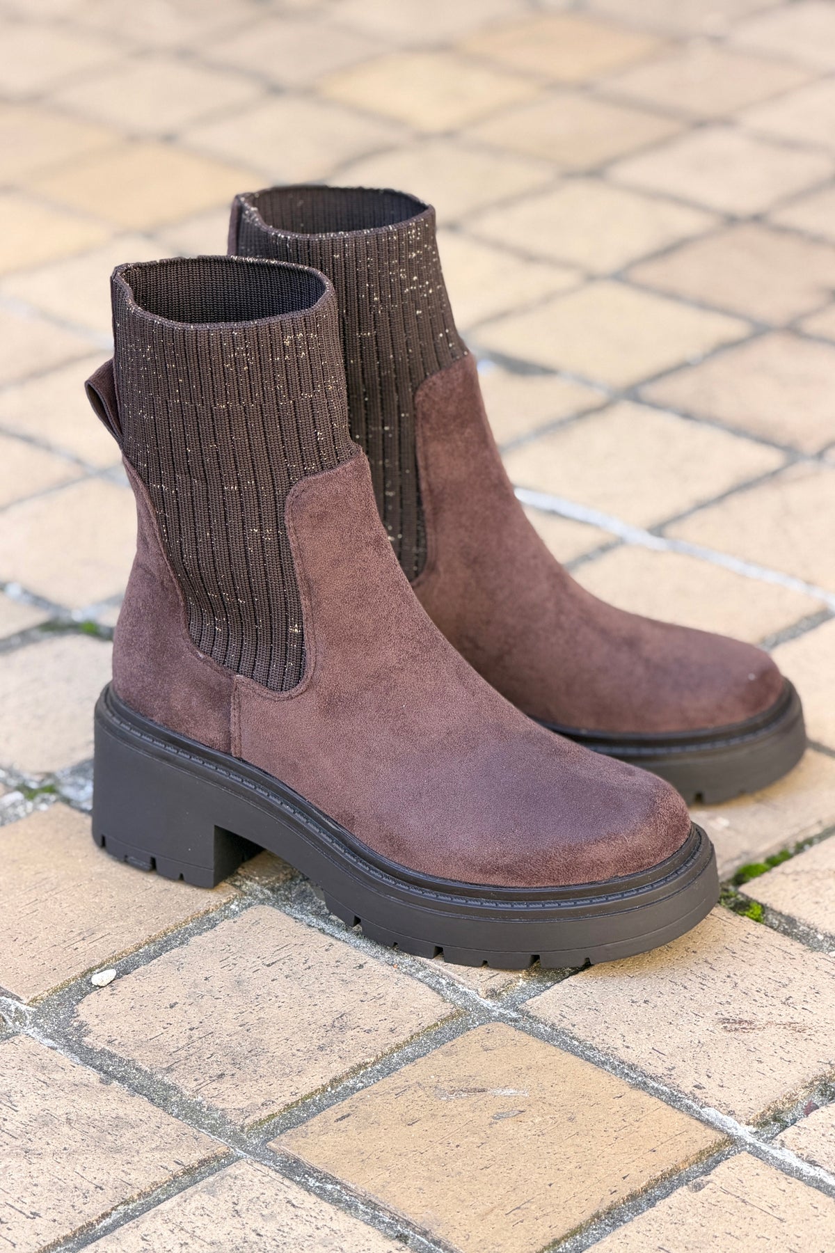 Dark Brown Suedette and Sweater Knit Boots
