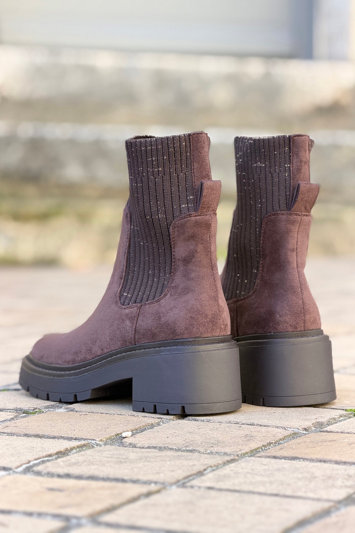 Dark Brown Suedette and Sweater Knit Boots
