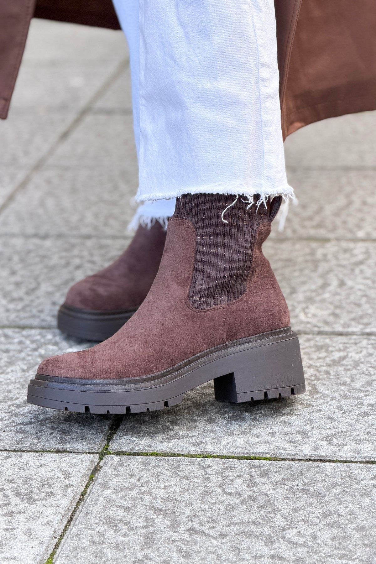Dark Brown Suedette and Sweater Knit Boots
