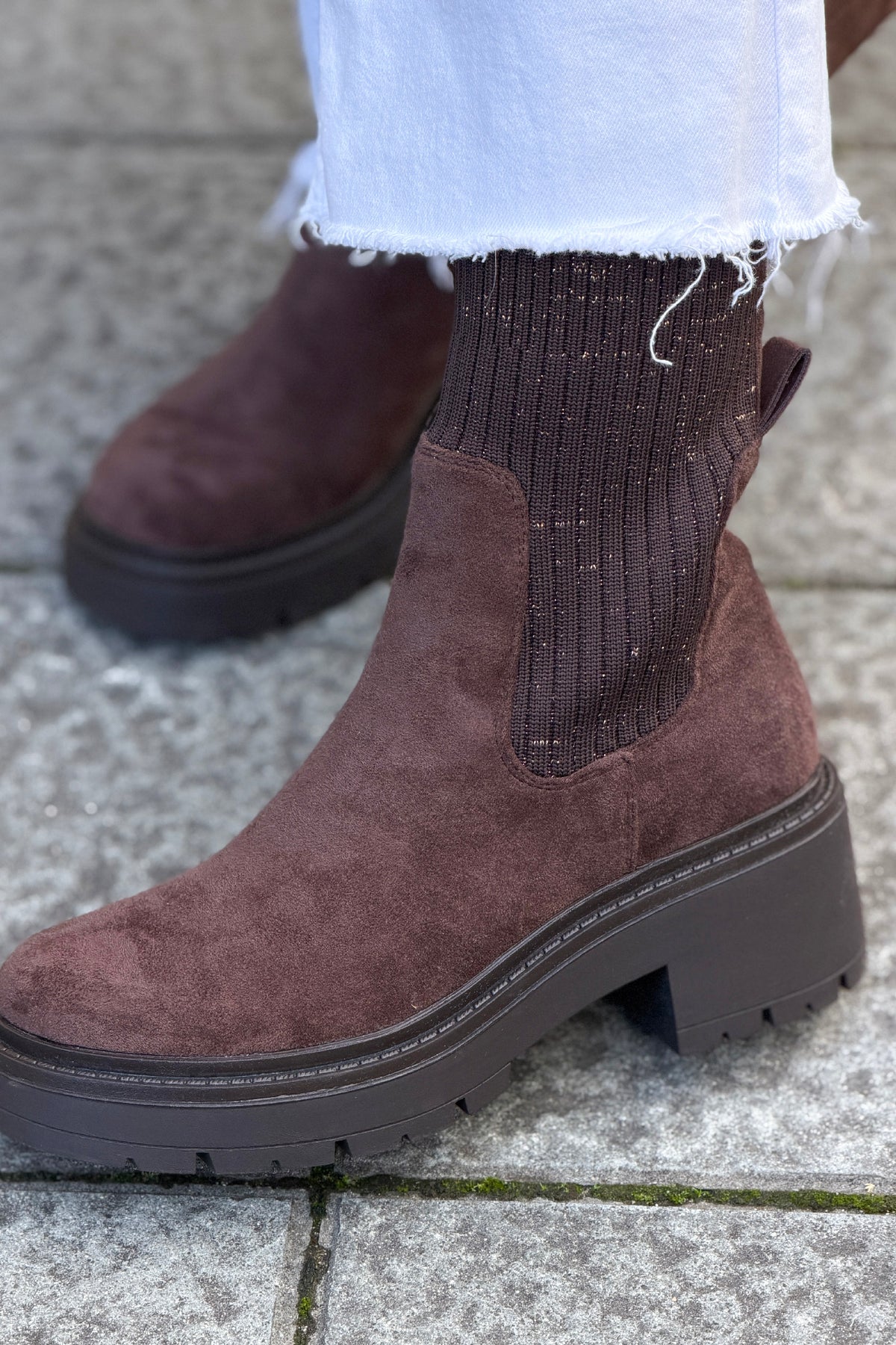 Dark Brown Suedette and Sweater Knit Boots
