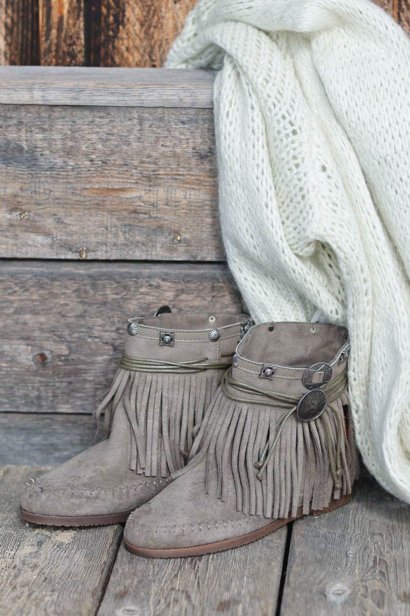 Khaki suedette tassel indian style ankle boots