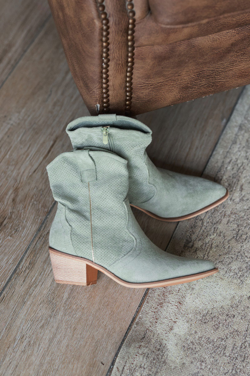 Light Khaki Sueded Cowboy Ankle Boots