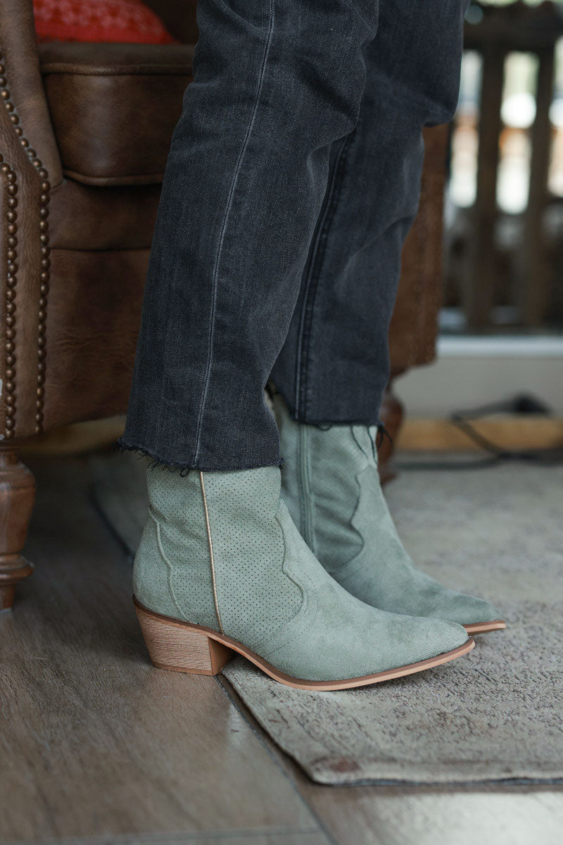 Light Khaki Sueded Cowboy Ankle Boots