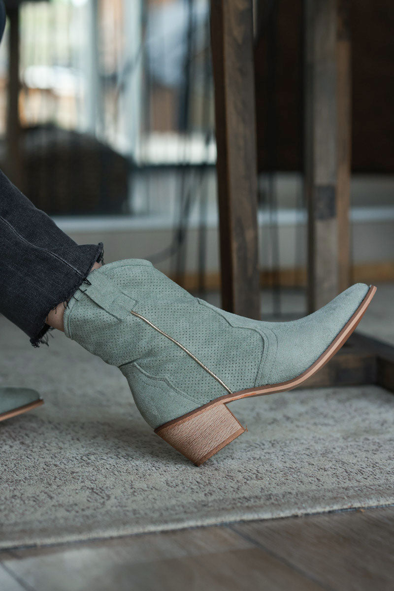 Light Khaki Sueded Cowboy Ankle Boots