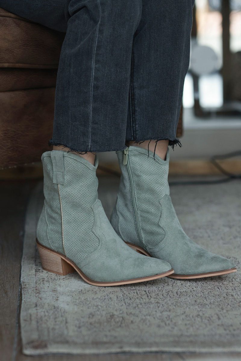 Light Khaki Sueded Cowboy Ankle Boots