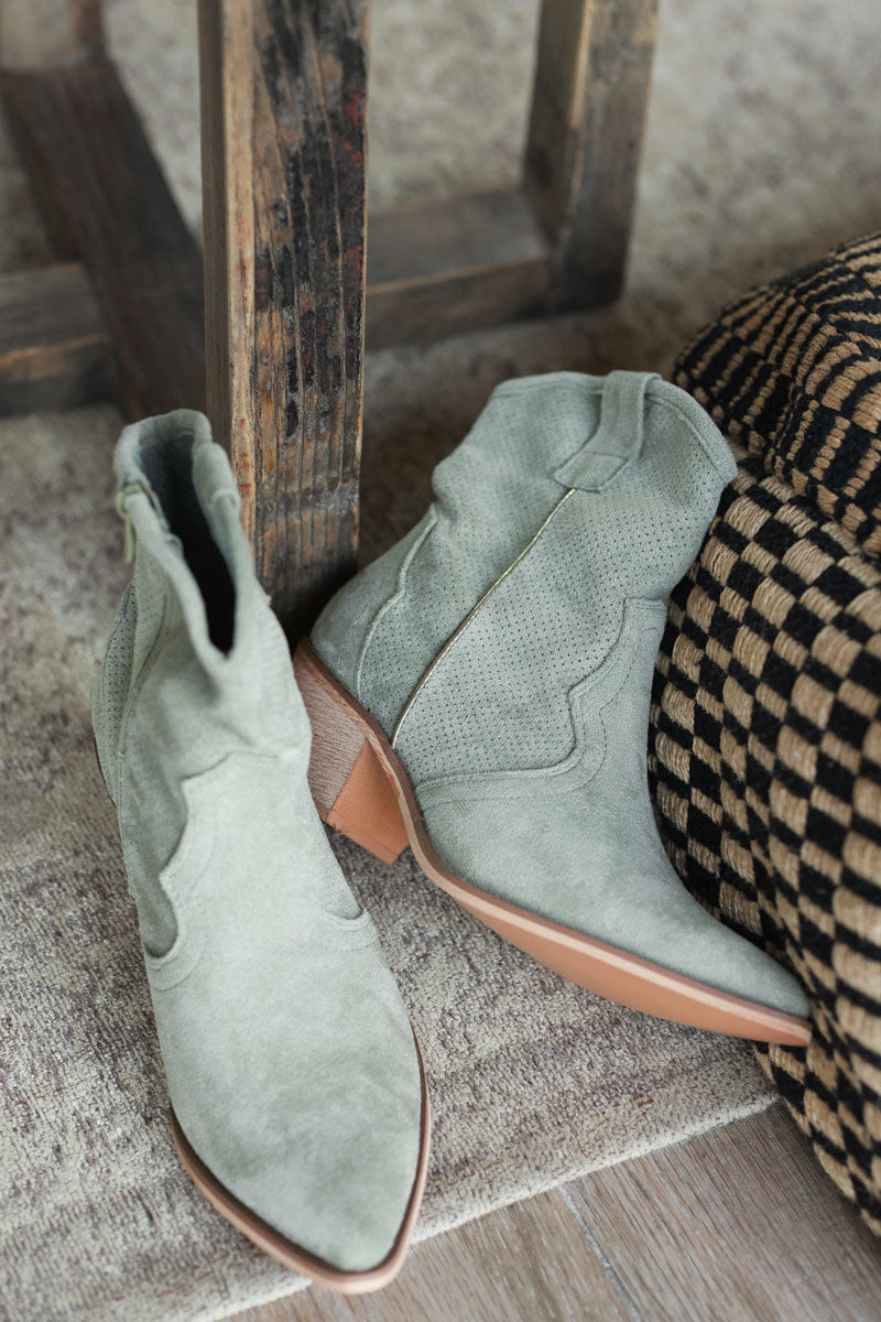 Light Khaki Sueded Cowboy Ankle Boots