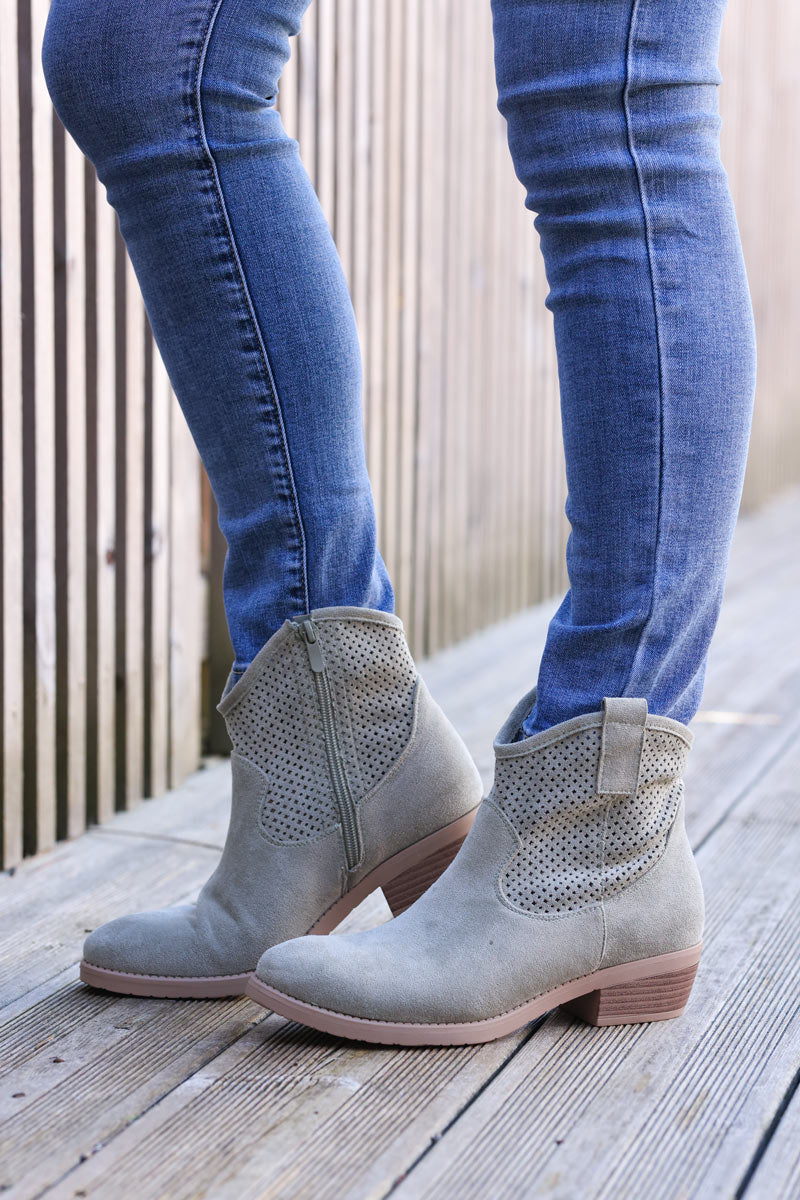 Ankle soft suedette cowboy boots in distressed washed khaki