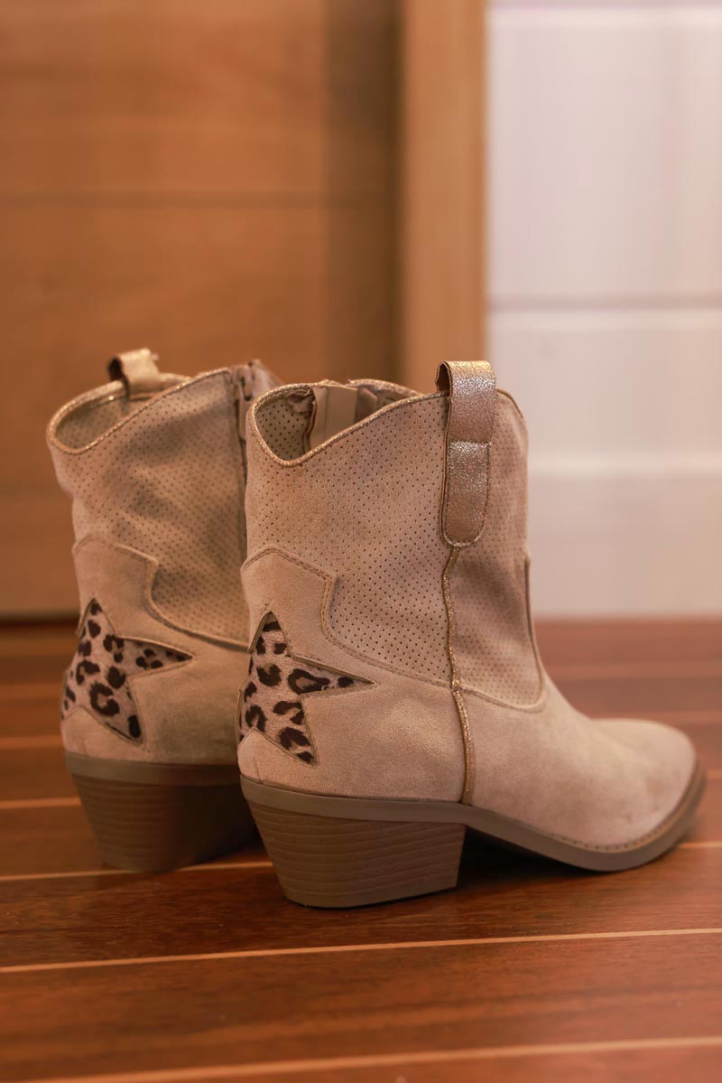 Taupe Leopard Star Sueded Cowboy Ankle Boots