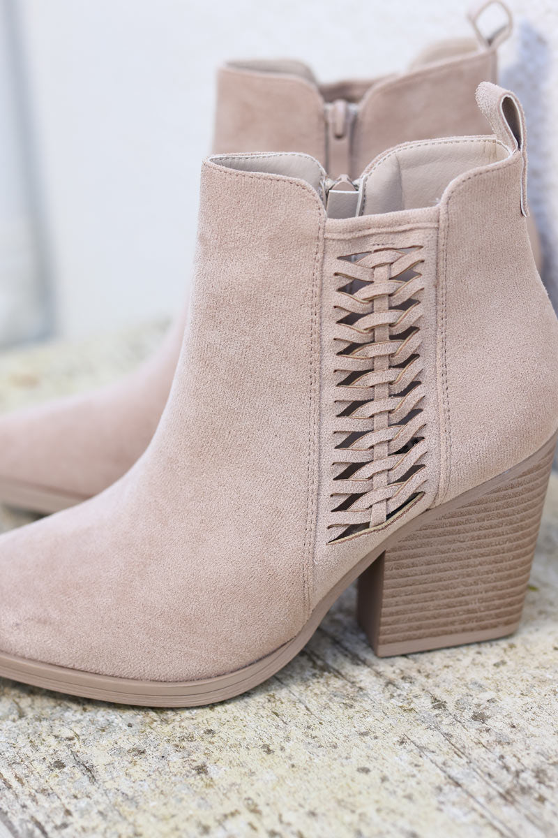 Beige cowboy ankle boots with woven detail
