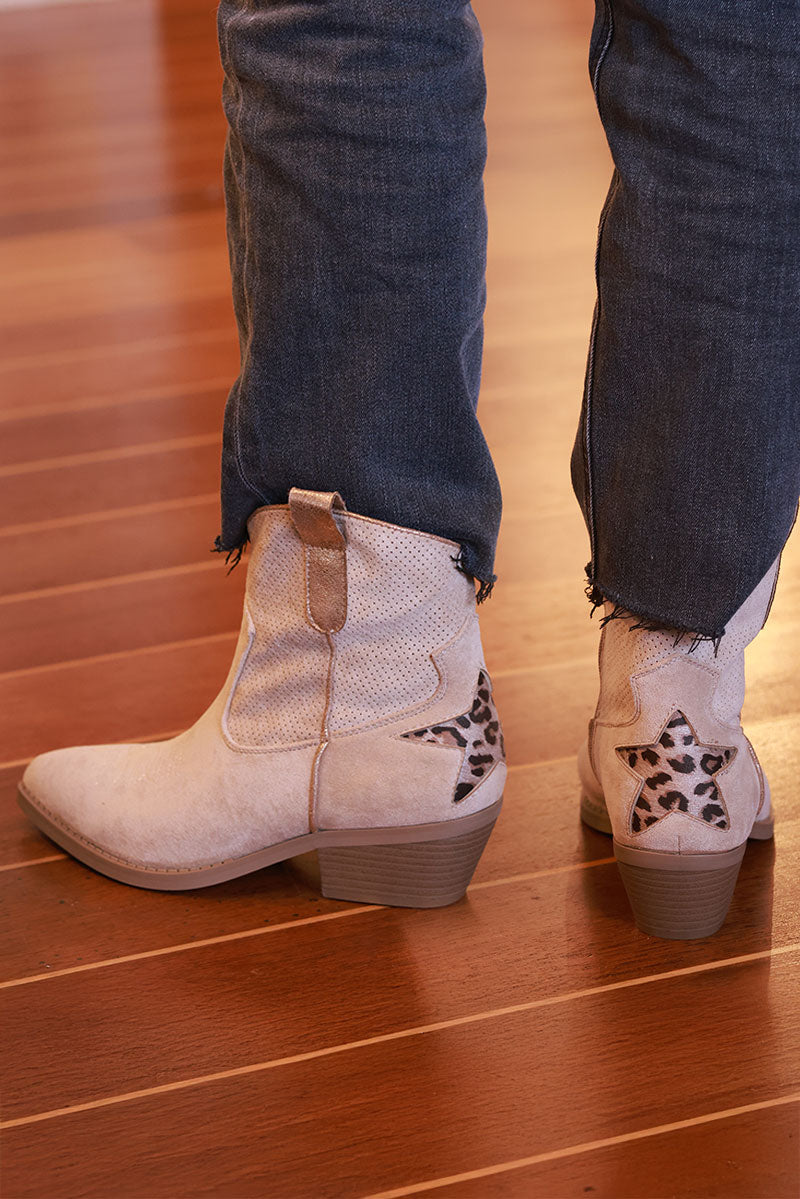 Taupe Leopard Star Sueded Cowboy Ankle Boots