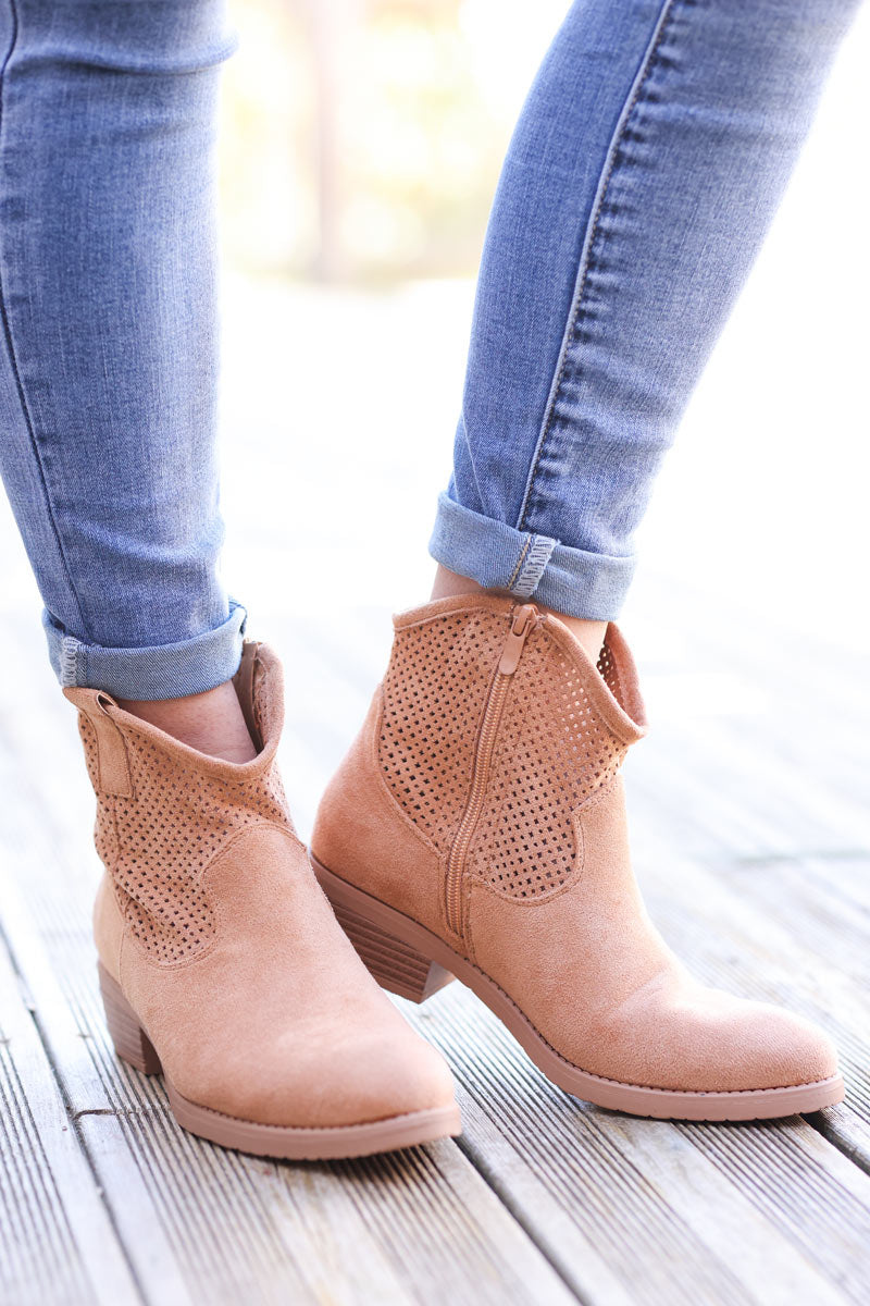 Ankle soft suedette cowboy boots in distressed washed camel