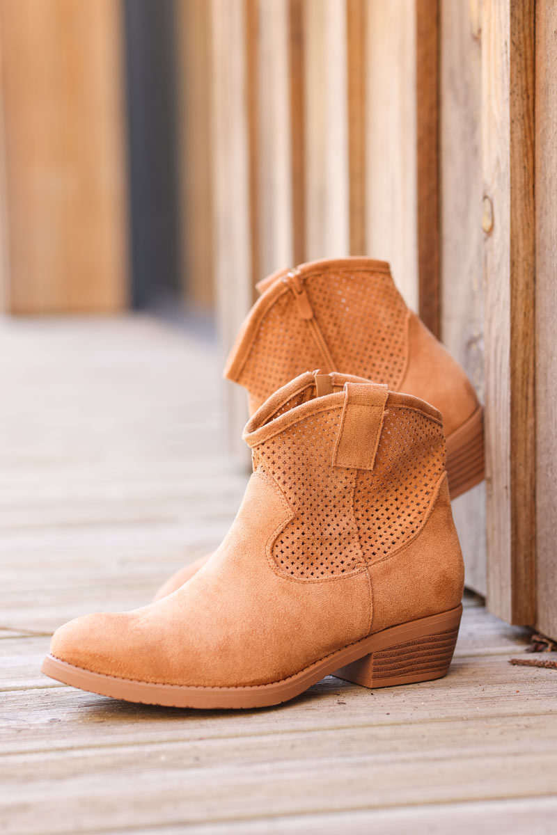 Ankle soft suedette cowboy boots in distressed washed camel