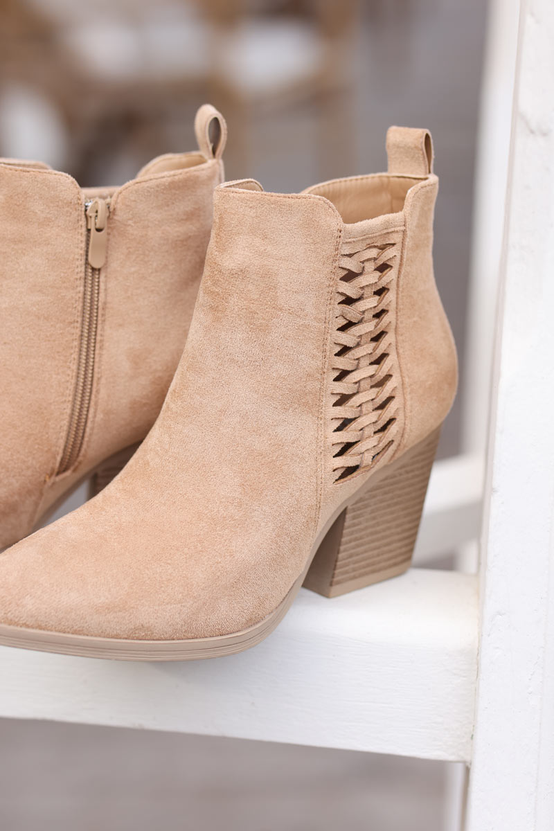Light camel cowboy ankle boots with woven detail