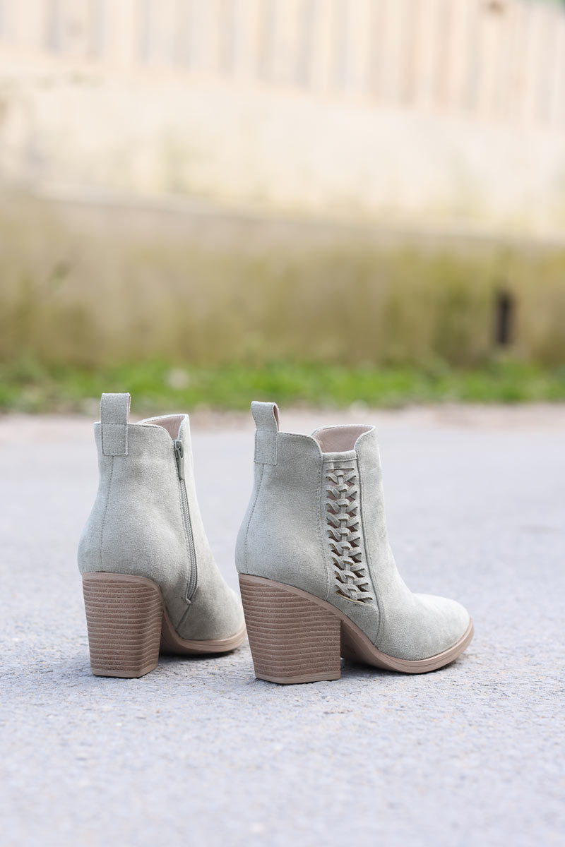 Light khaki cowboy ankle boots with woven detail