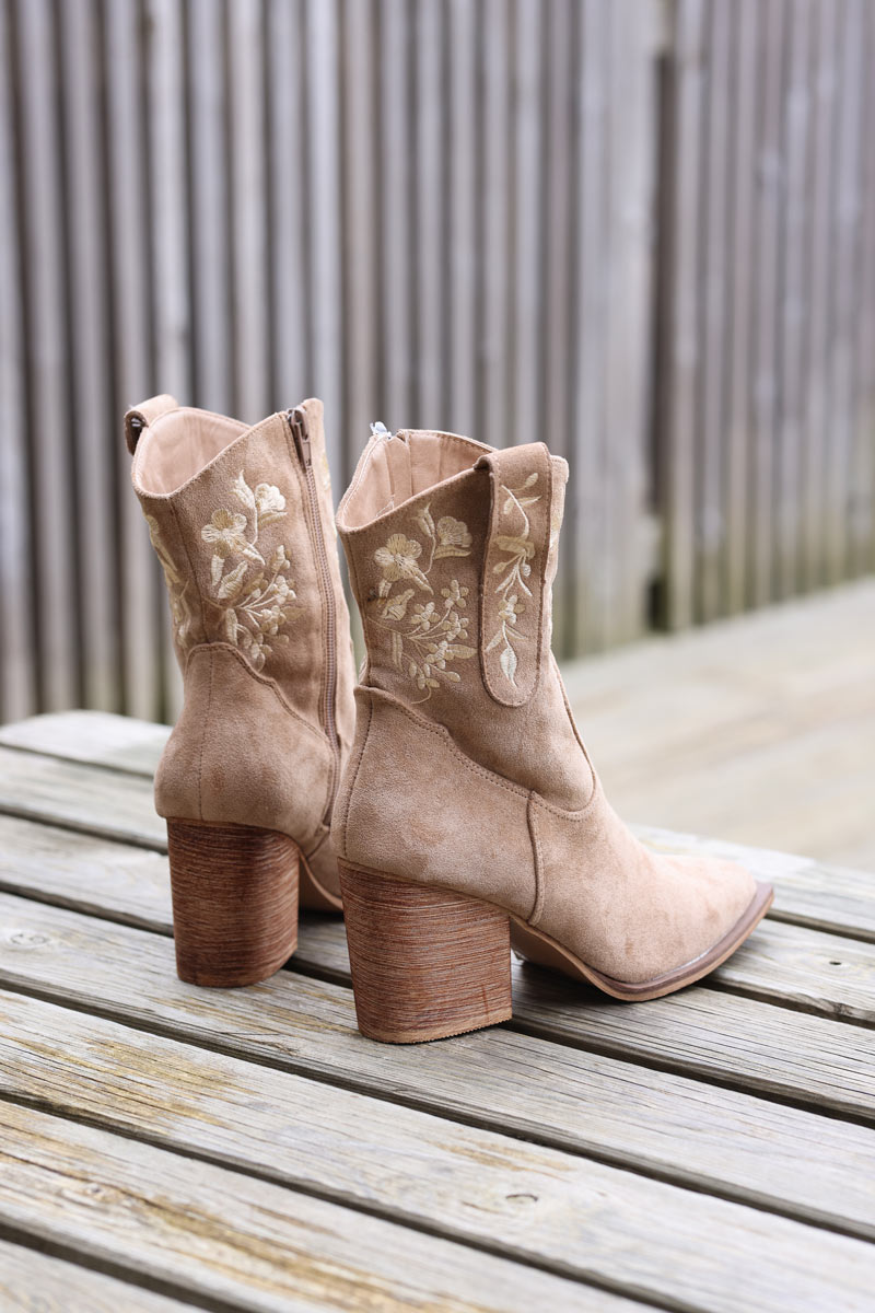 Taupe mid calf cowboy boots with floral embroidery