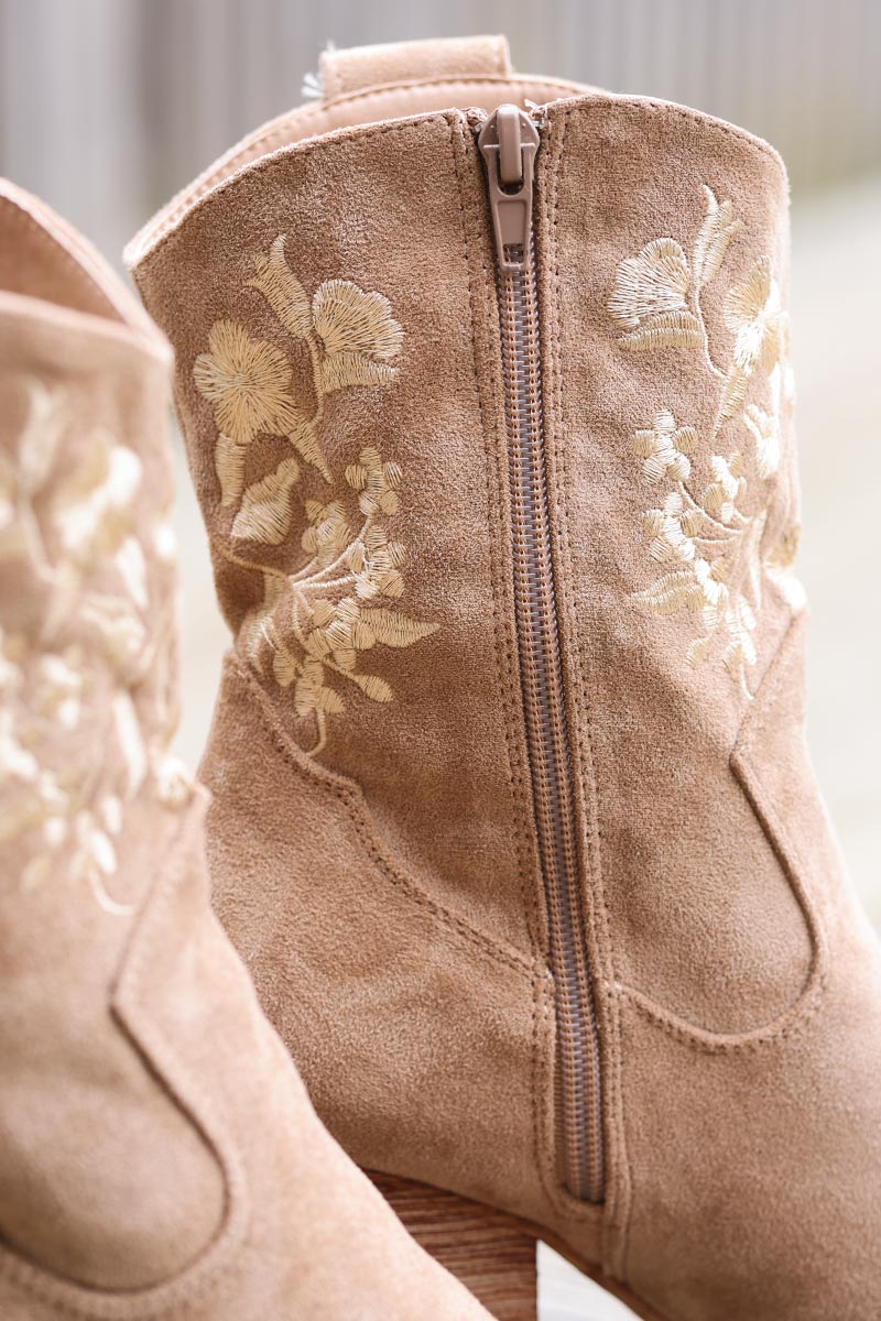 Taupe mid calf cowboy boots with floral embroidery