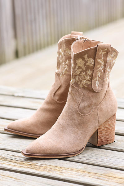 Taupe mid calf cowboy boots with floral embroidery