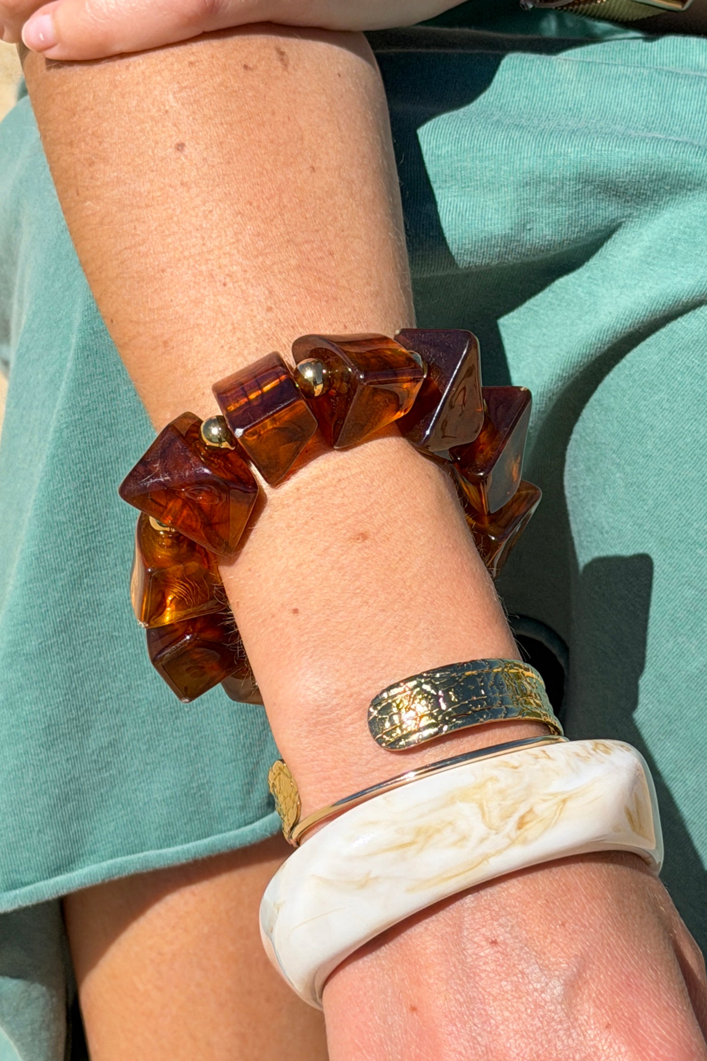 Square Amber and Gold Bead Stretch Bracelet
