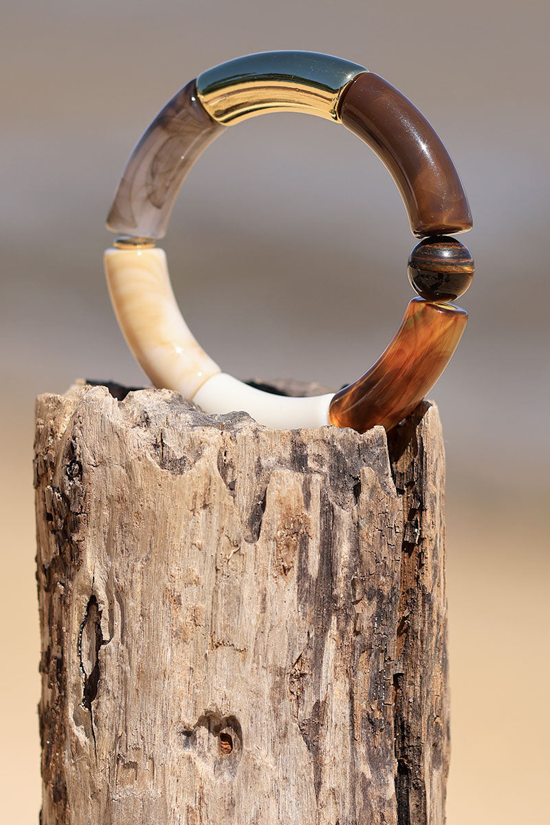 Bracelet élastique style jonc en acétate écaille et doré et pierre semi précieuse oeil de tigre