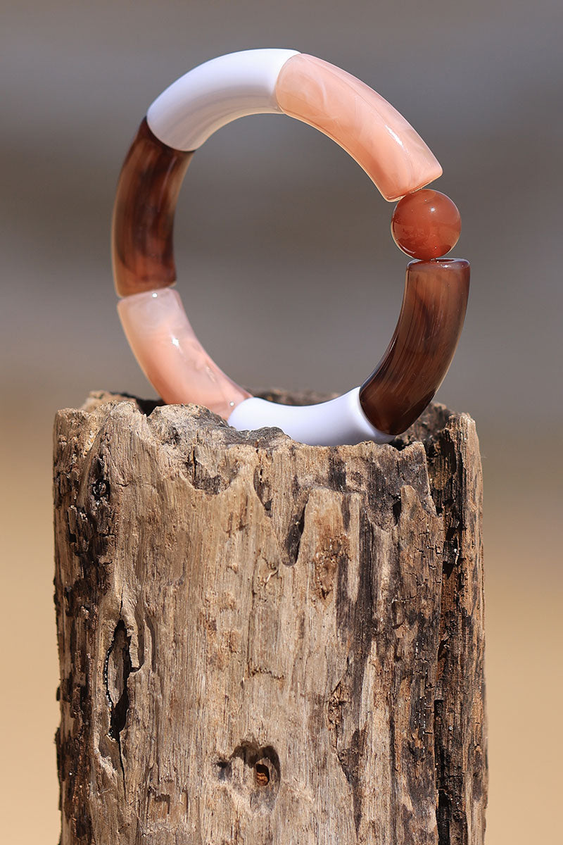 Bracelet élastique style jonc en acétate écaille et rose et pierre semi précieuse ambre