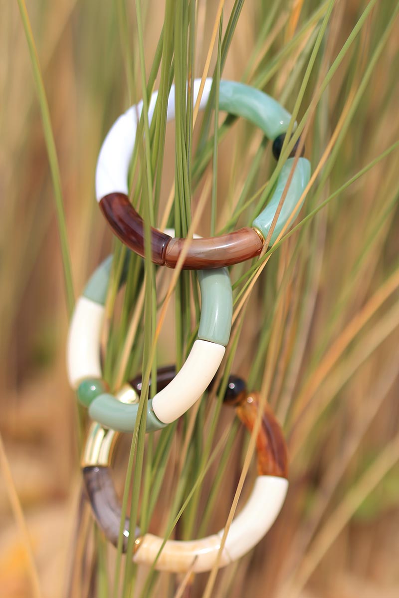 Bracelet élastique style jonc en acétate écaille et vert d'eau et pierre semi précieuse obsidienne
