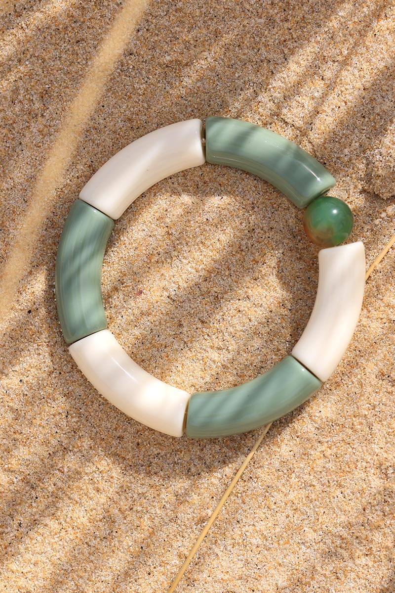 Elasticated bangle-style bracelet ecru celadon green acetate and semi-precious jade stone